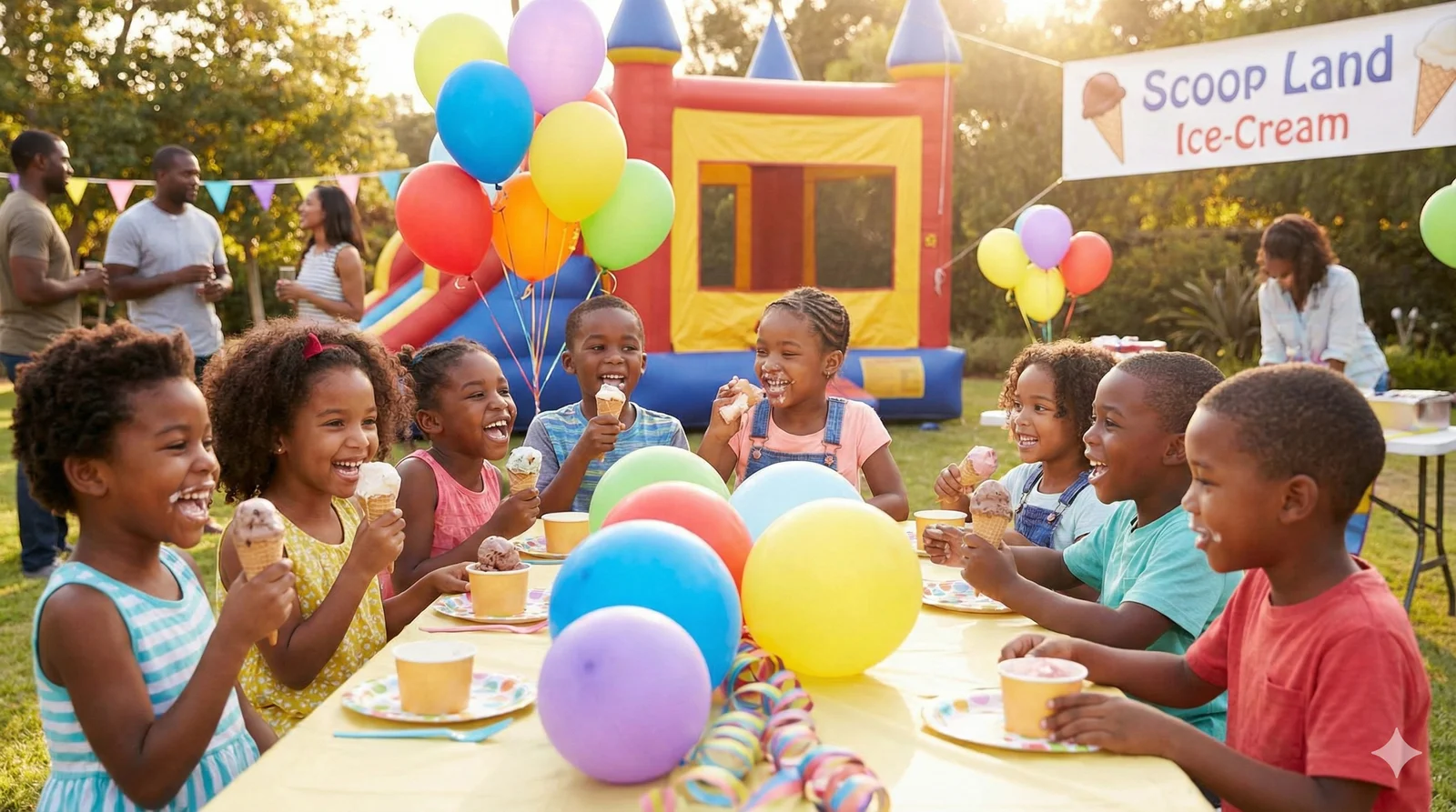 Scoop Land ice cream setup at a kids birthday party