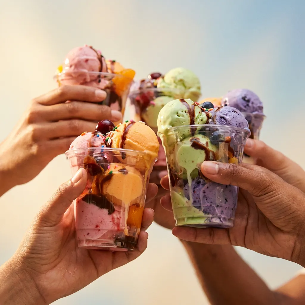 Hands raising colorful loaded sundae cups against a blue sky.