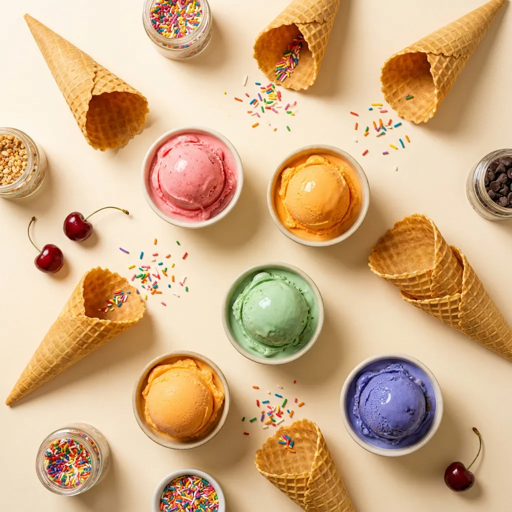Overhead flat-lay of cones, scoops, sprinkles and toppings.