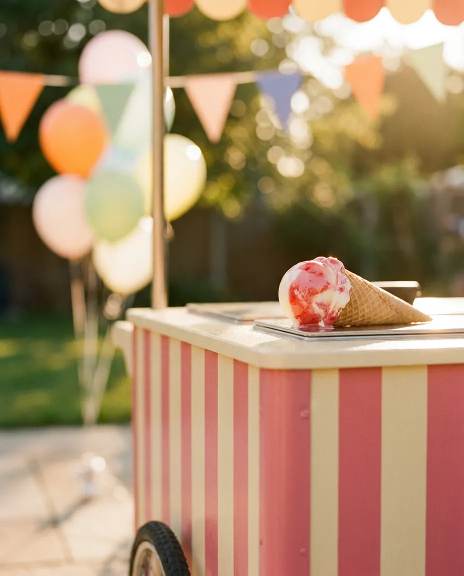 The ice-cream cart at a backyard birthday party with balloons and bunting.