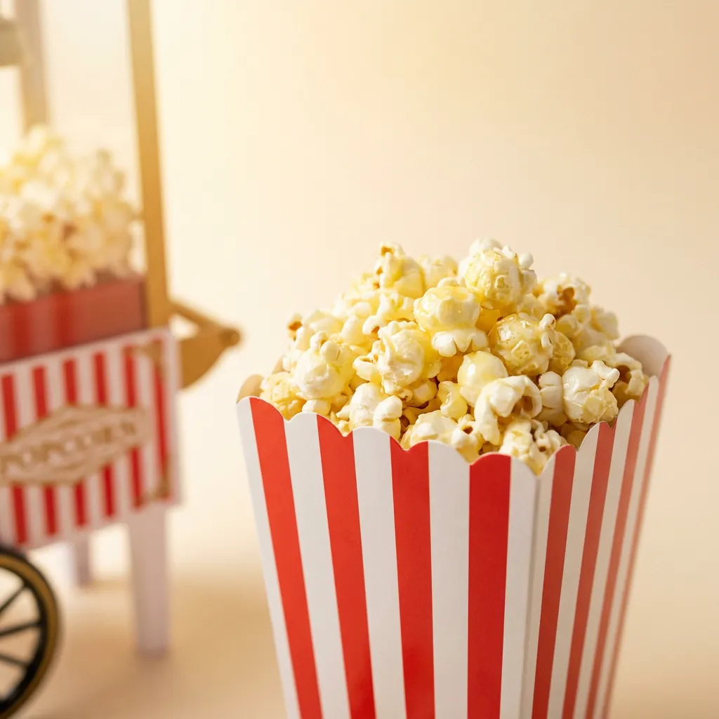A striped box overflowing with fresh popcorn.