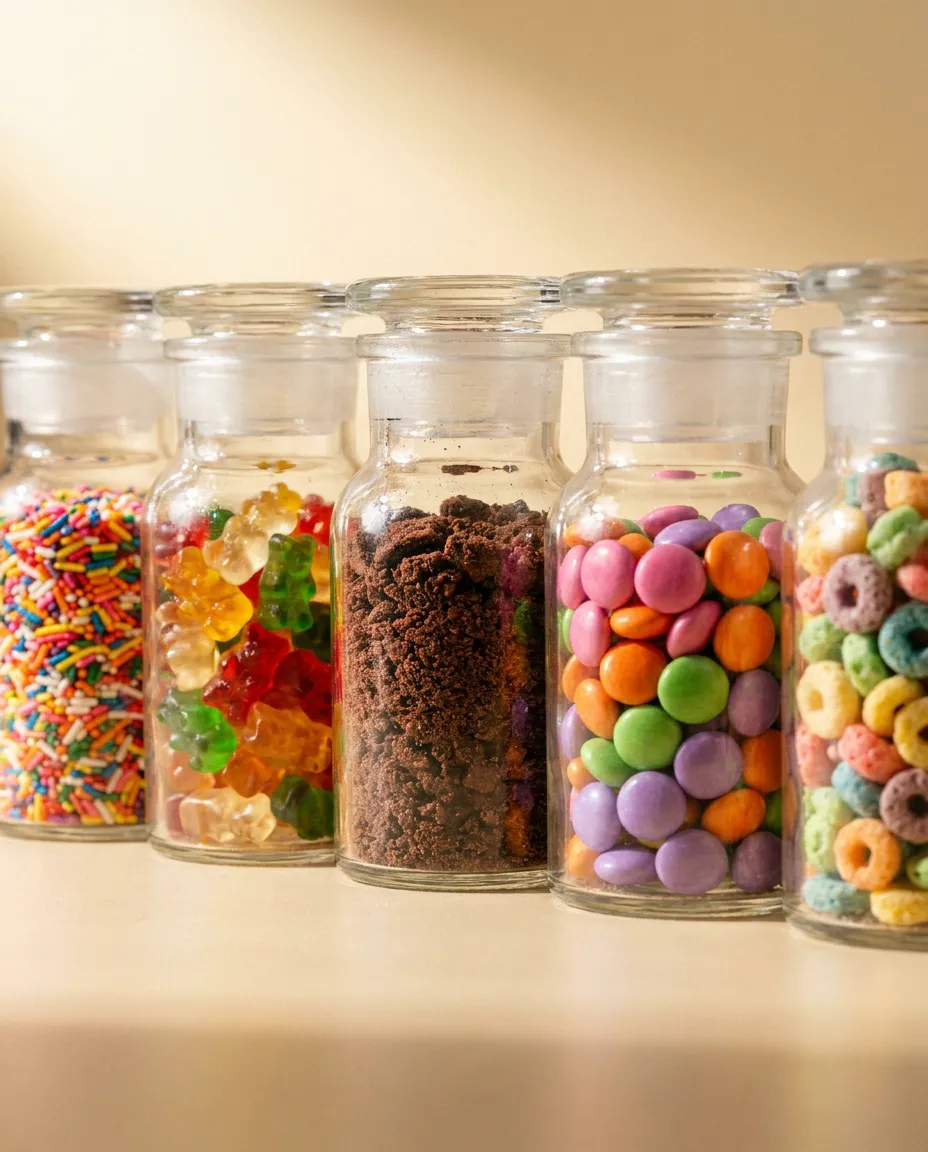 Glass jars of sprinkles, gummy bears, crushed cookies and candy lined up.