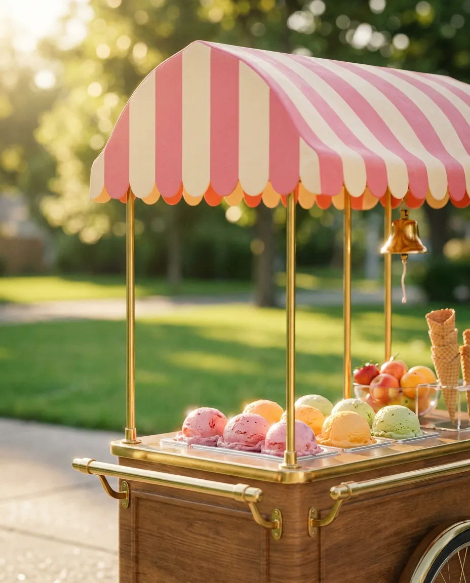 The striped Scoop Land ice-cream cart parked on a sunny driveway.